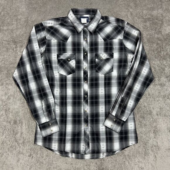 Wrangler Mens Western Shirt XLT Pearl Snap White Gray Plaid Cowboy Cotton Poly - Picture 1 of 9